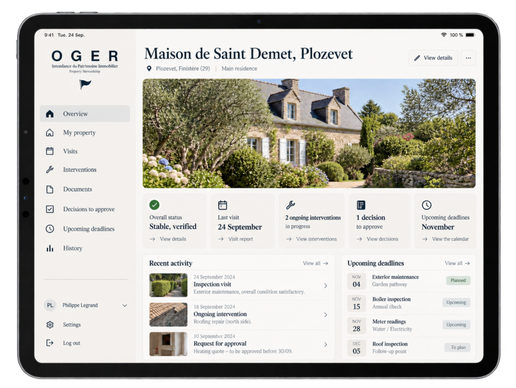 Oger property dashboard showing condition, works and documents