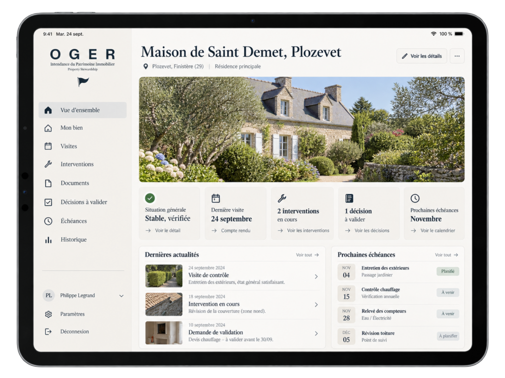 Tablette affichant l’espace de suivi Oger : état du bien, interventions et documents